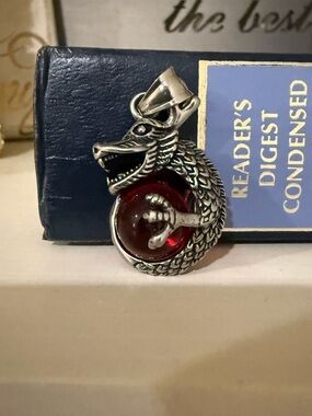 Silver Dragon Pendant With Red Stone